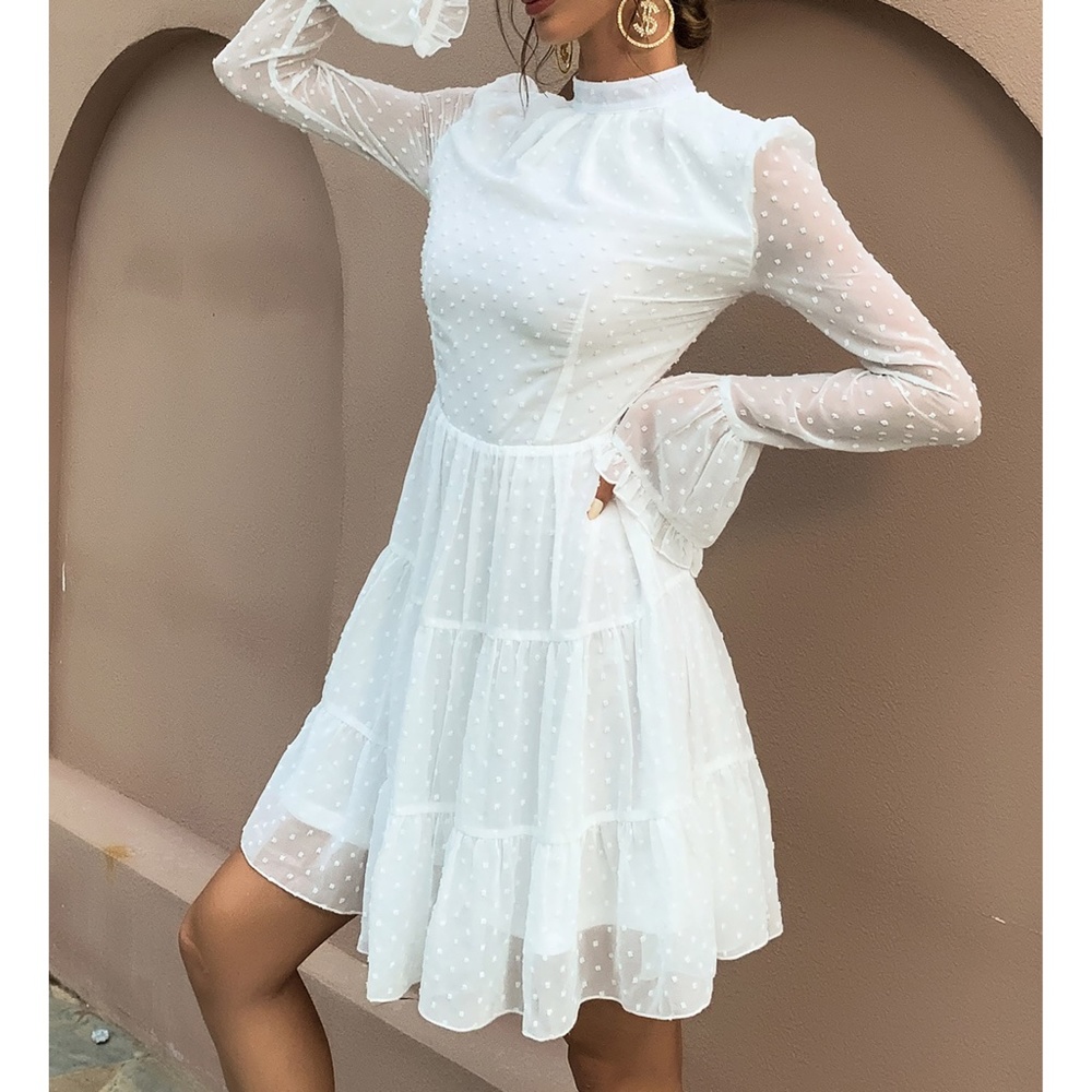 White Swiss Dot Ruffle Hem Fit & Flare Party Dress - Picture 5 of 8